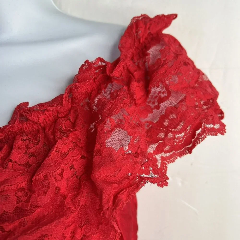 Vintage 70s‎ 80s Teddy One Piece Red Lace Satin Romper Lingerie High Cut Booty M